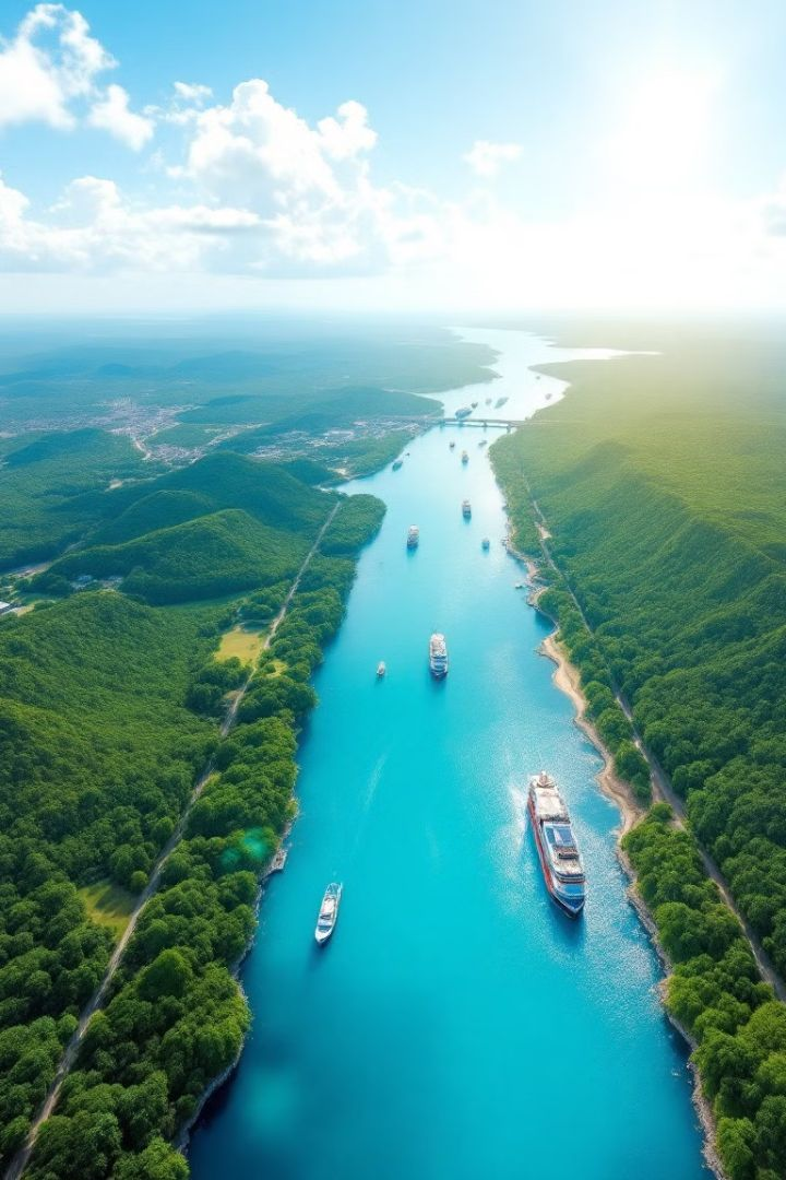 Aerial view of the Panama Canal corridor — forested watershed flanking the shipping channel