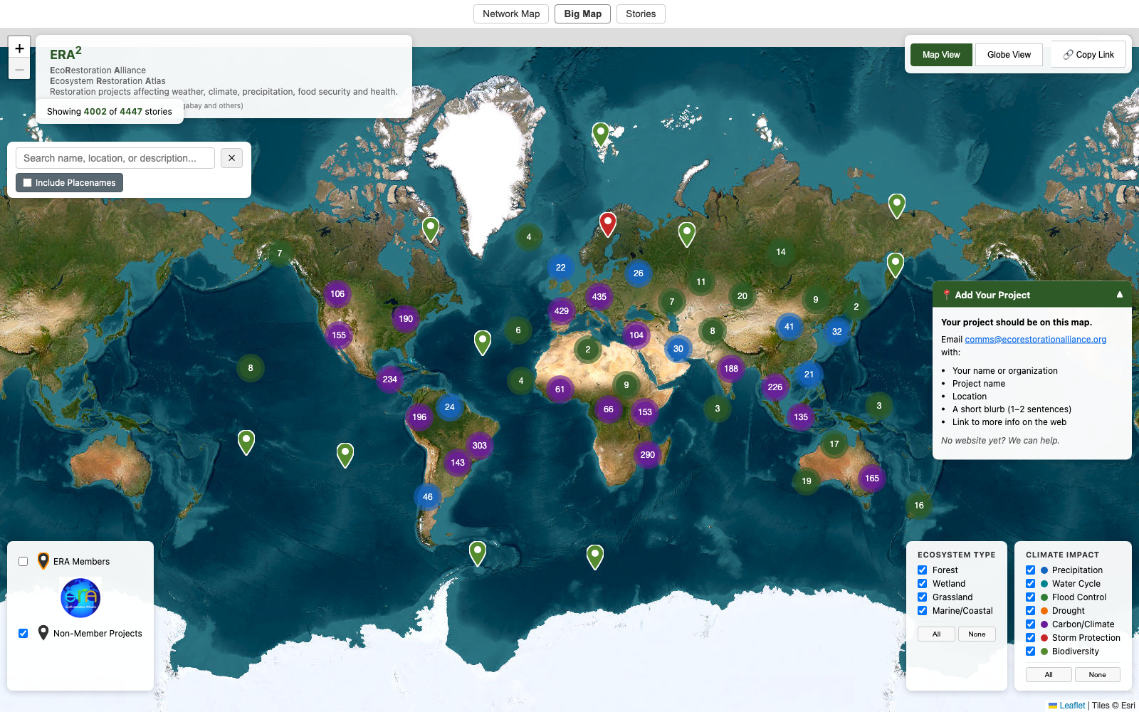 ERA² Big Map interface — world map showing thousands of restoration projects with ecosystem-type and climate-impact filters